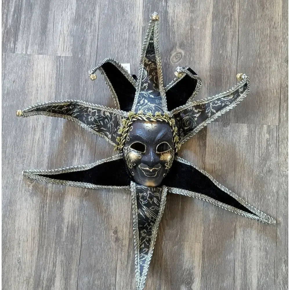 NEW! TOOMEY'S Mardi Gras HANDMADE JESTER Mask Full Face Black Gold Party